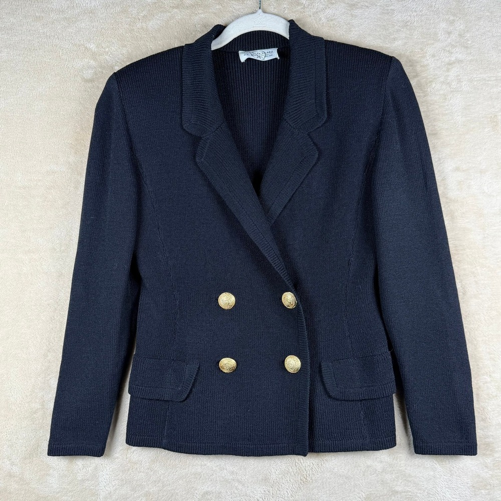 ST JOHN by Marie Black‎ Double Breasted Knit Blazer Gold Button Women's Size 4